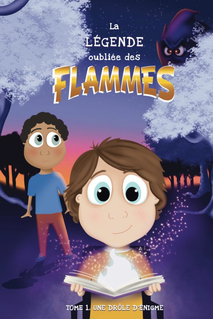 Couverture du livre jeunesse "La légende oubliée des flammes – Tome 1" avec un garçon en fauteuil roulant accompagné de deux animaux fantastiques.